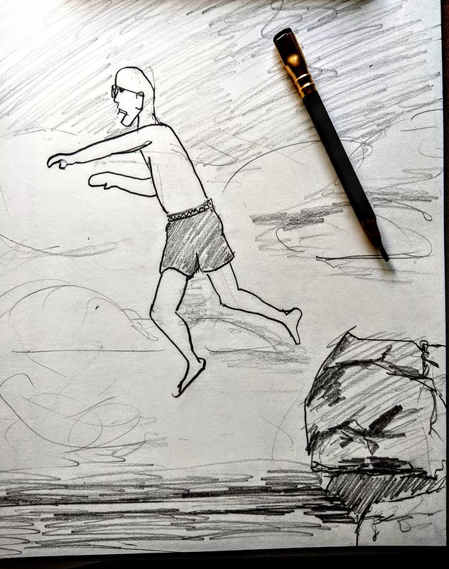 Bald man in swim trunks jumping off cliff - pencil sketch