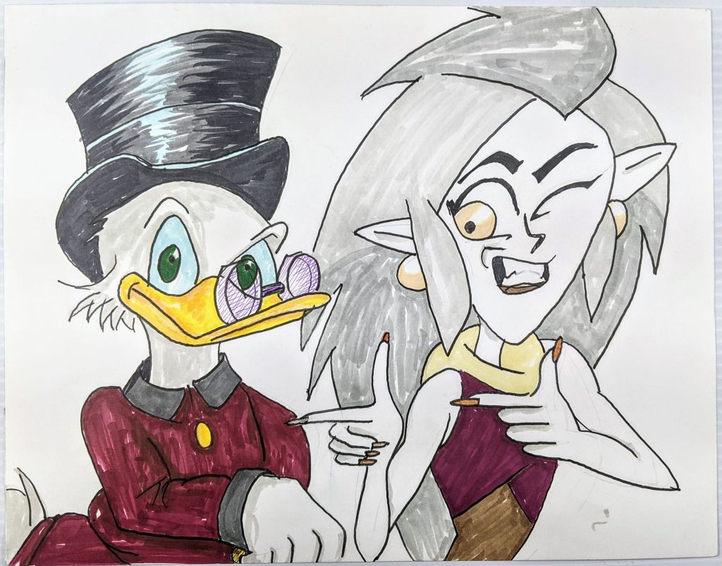 Scrooge McDuck from DuckTales and Edalynn Clawthorne from Owl House animated series Colored markers and pen on white paper. 