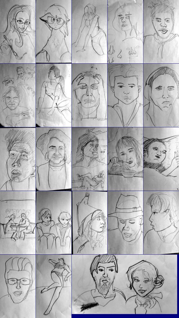 Composite image of 23 pencil sketches of random faces and figures
