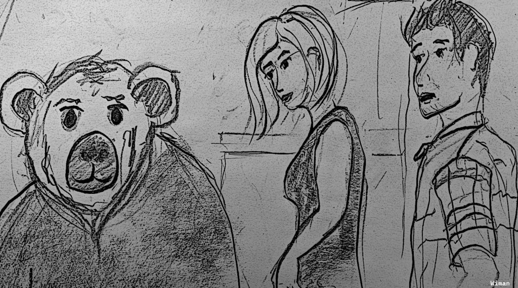 Sketch of a variation in the 'Distracted Boyfriend' meme, in which the man looks on incredulously as the woman ogles a bear